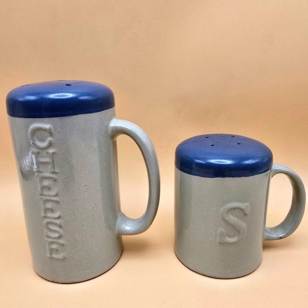 Vintage Ceramic Salt & Cheese Shakers Blue Lids Mug Style w/ Handles 